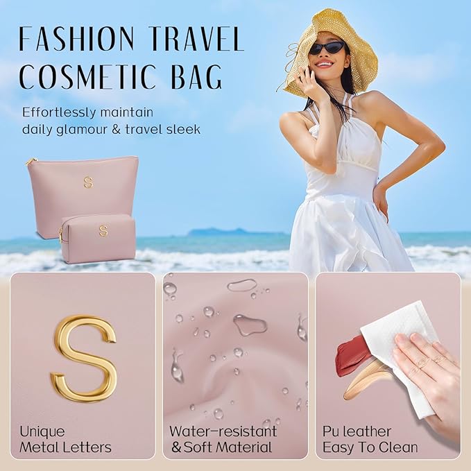 Women Gifts | Initial Makeup Bag Set for Girl Personalized Gifts for Bridesmaid Friend Graduation Teachers PU Leather Cosmetic Travel Toiletry Bag(Pink,S)
