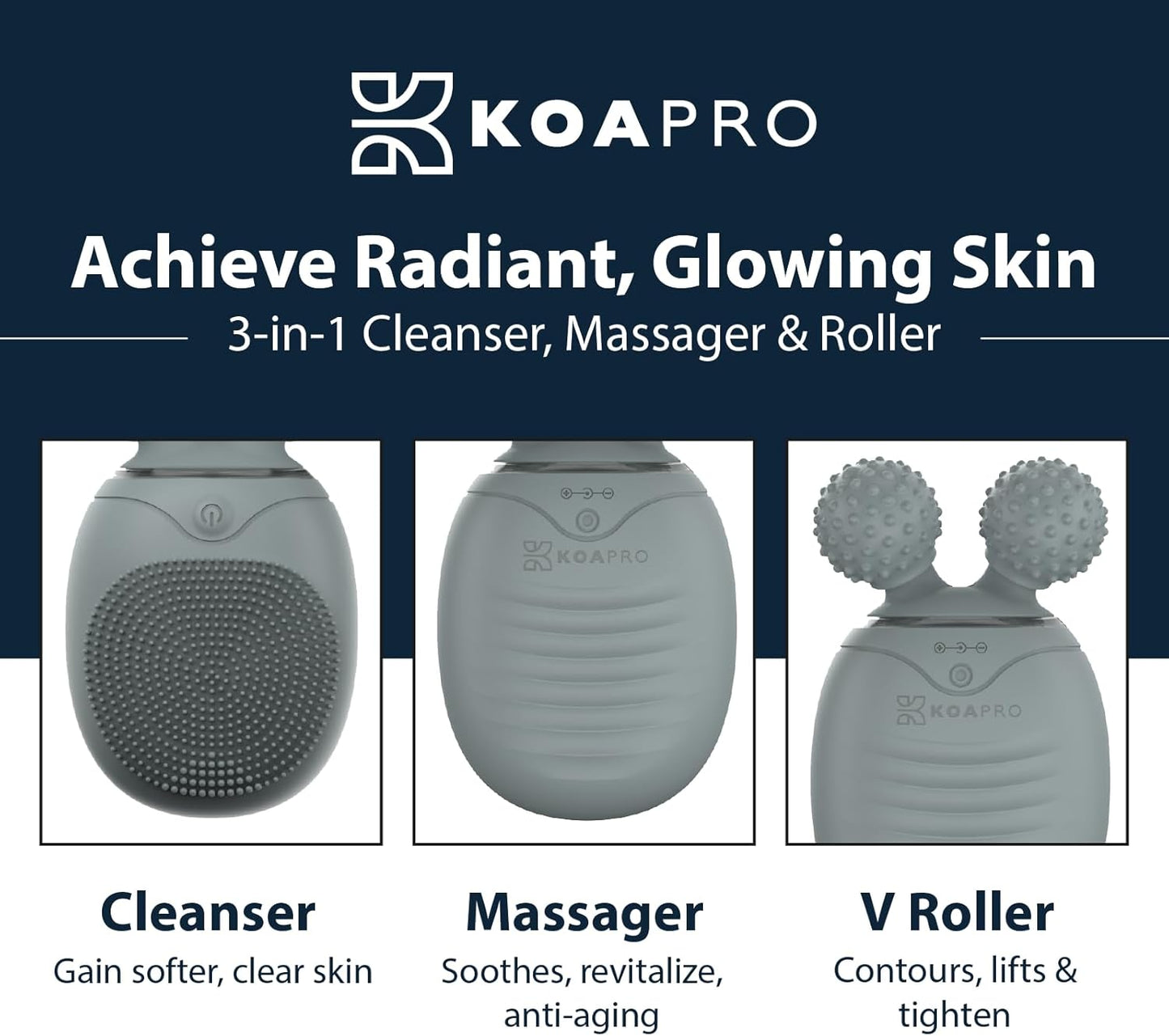 KOAPro Facial Cleansing Brush Exfoliating Face Scrubber for Women and Men, Waterproof Face Brush Cleanser, 3-in-1 Rechargeable Electric Facial Massager Tool, Reusable Sonic Silicone Scrubber