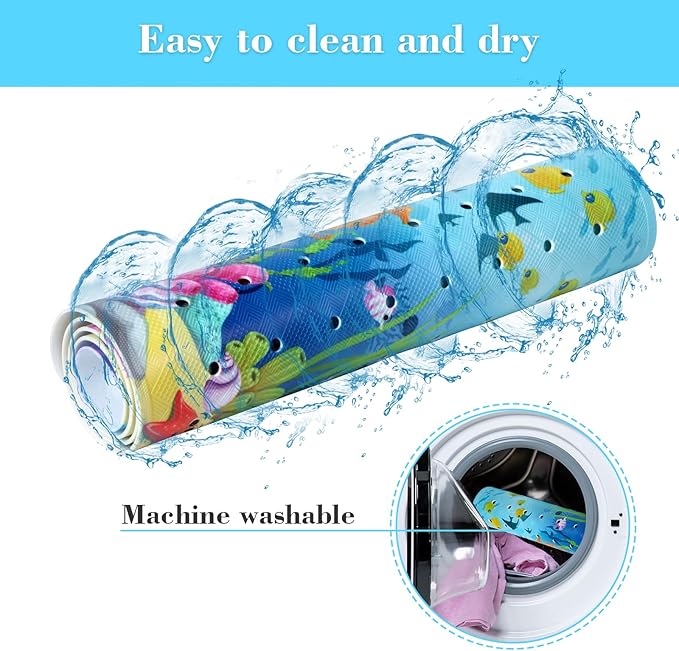 Bath Mat for Tub Non Slip, Machine Washable Anti-Slip Cartoon Baby Bathtub Shower Mat with Drain Holes and Suction Cups for Toddler & Kids, 40in x 16in, Sharks