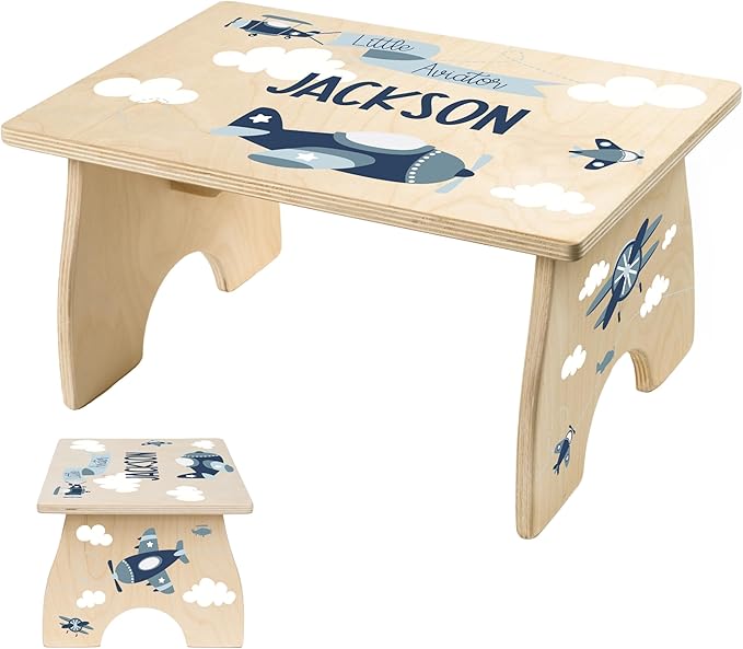 Step Stool for Toddlers- Personalized Wood Kids Step Stool with Name for Kitchen Sink, Bathroom, Potty Training, Toilet, Kitchen Sink- Sturdy and Safe- Made in USA by BloomOwl (Aviator)