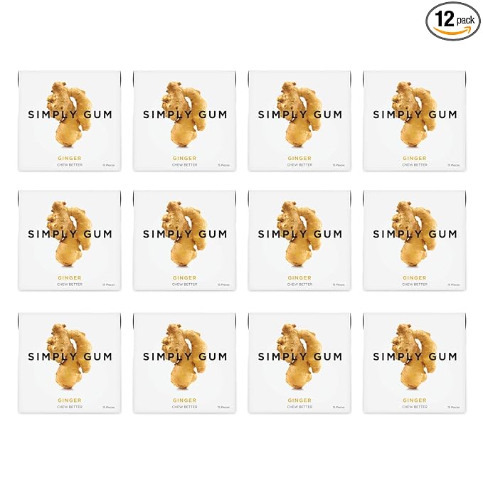 SIMPLY Gum Ginger, Plastic-Free Natural Chewing Gum, Made with real Ginger, 12 Pack (180 Pieces) | Vegan, Kosher, Non GMO, Aspartame Free and Sorbitol Free