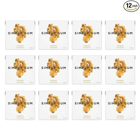 SIMPLY Gum Ginger, Plastic-Free Natural Chewing Gum, Made with real Ginger, 12 Pack (180 Pieces) | Vegan, Kosher, Non GMO, Aspartame Free and Sorbitol Free