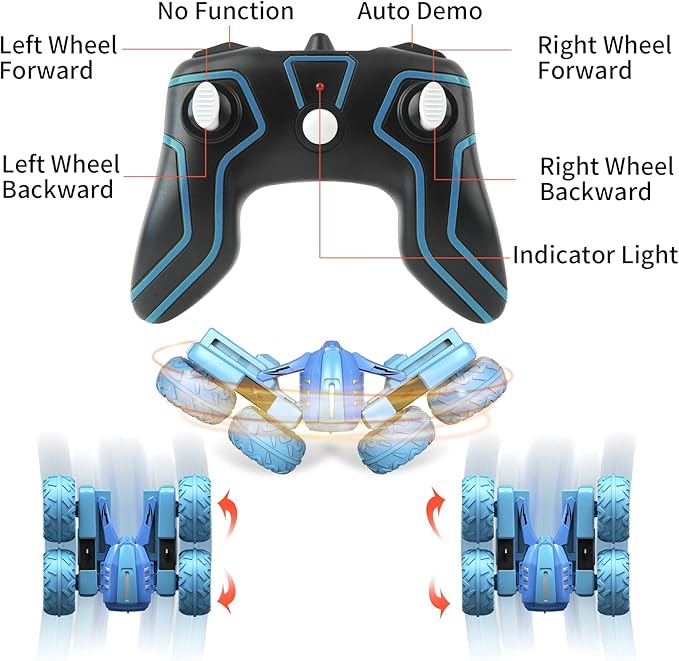 Remote Control Car Boy with Headlight, Hobby RC Car Stunt Kids Toy Gift for Boys Girls 6+ Years, Electric 4WD 2.4Ghz Double Side Rotating Race Vehicle 360° Flips Offroad Birthday Xmas