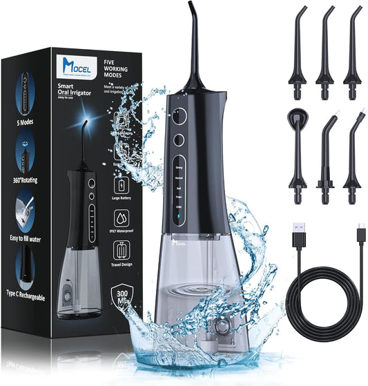 Water Dental Flosser OLED Display Cordless Teeth Cleaning MOCEL 5 Modes Oral Irrigator 300ML Portable and USB C Rechargeable IPX7 Waterproof Floss Teeth Pick (Black)