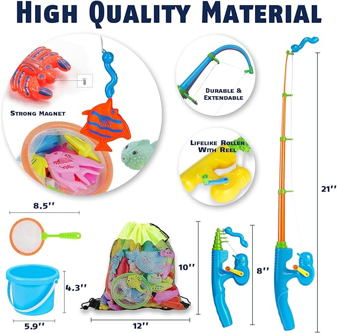 CozyBomB™ Magnetic Fishing Toys Game Set for Kids | Water Table Bathtub Kiddie Pool Party Pole Rod Net, Outdoor Plastic Floating Fish, Toddler Bath Color Ocean Sea Animals Birthday Gift Age 3-5 6 4-8