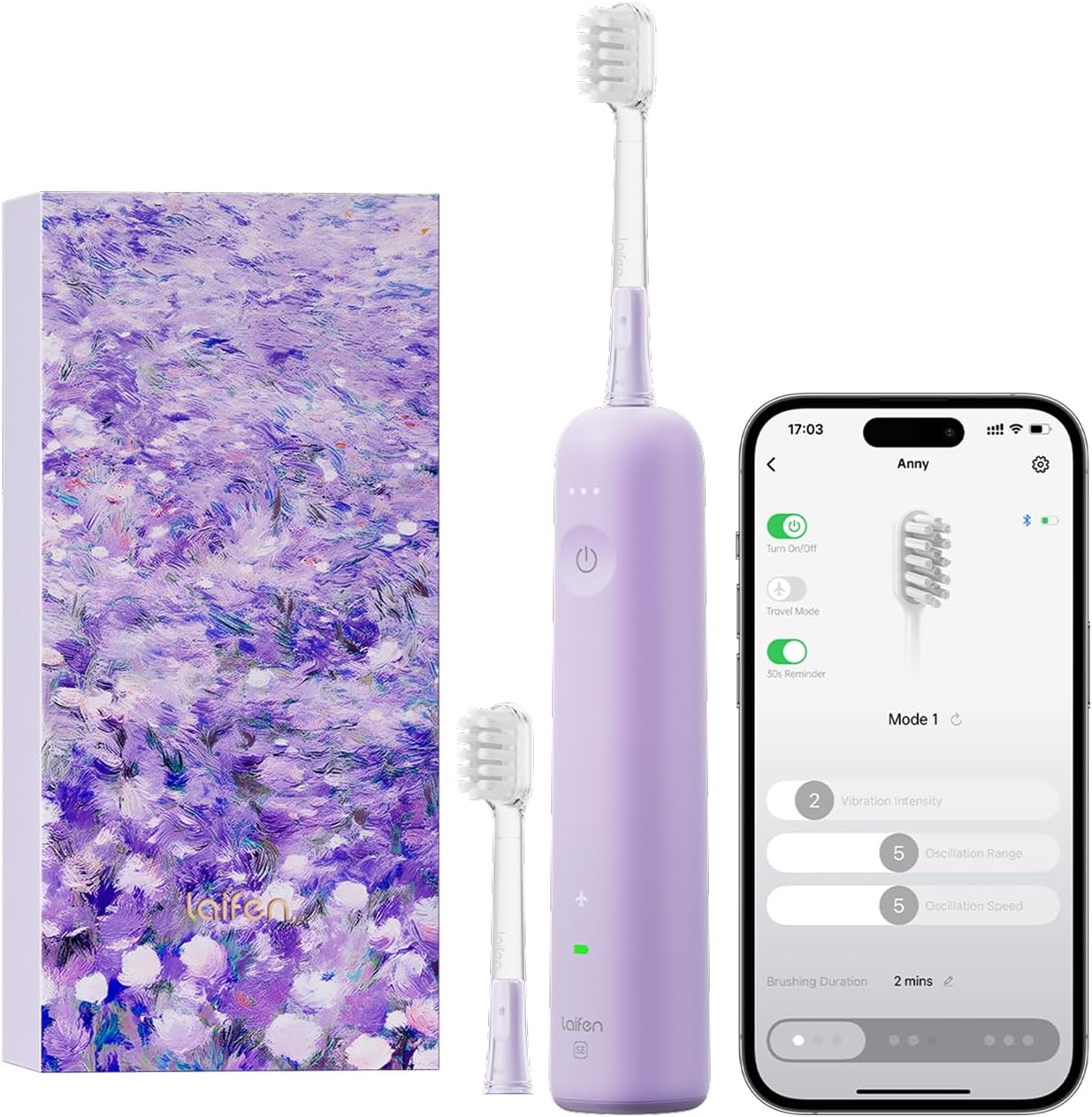 Laifen Wave Special Electric Toothbrush, New 2025 Version Oscillation & Vibration Sonic Electric Toothbrush for Adults with App, 2 Brush Heads, IP68 Waterproof Travel-Friendly (Misty Lavender)