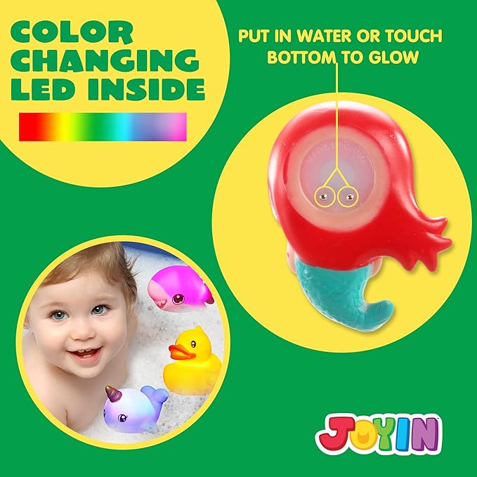 JOYIN 12 PCS Light Up Bath Toys, Toddler Flashing Colourful LED Bathtub Mermaid Toy, Baby Bathtime Floating Rubber Shower Gifts for Infant Kids Boy Girl Valentines Easter Gifts Swimming Pool Party