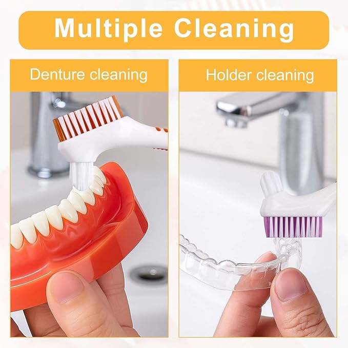 Denture Cleaning Brush Set,Unique Anti-mold Perforated Breathable Cover Denture Cleaning Brush Set with 1 White Carrying Case, Multi-Layered Bristles Ergonomic Rubber Handle for Denture Toothbrush (2)