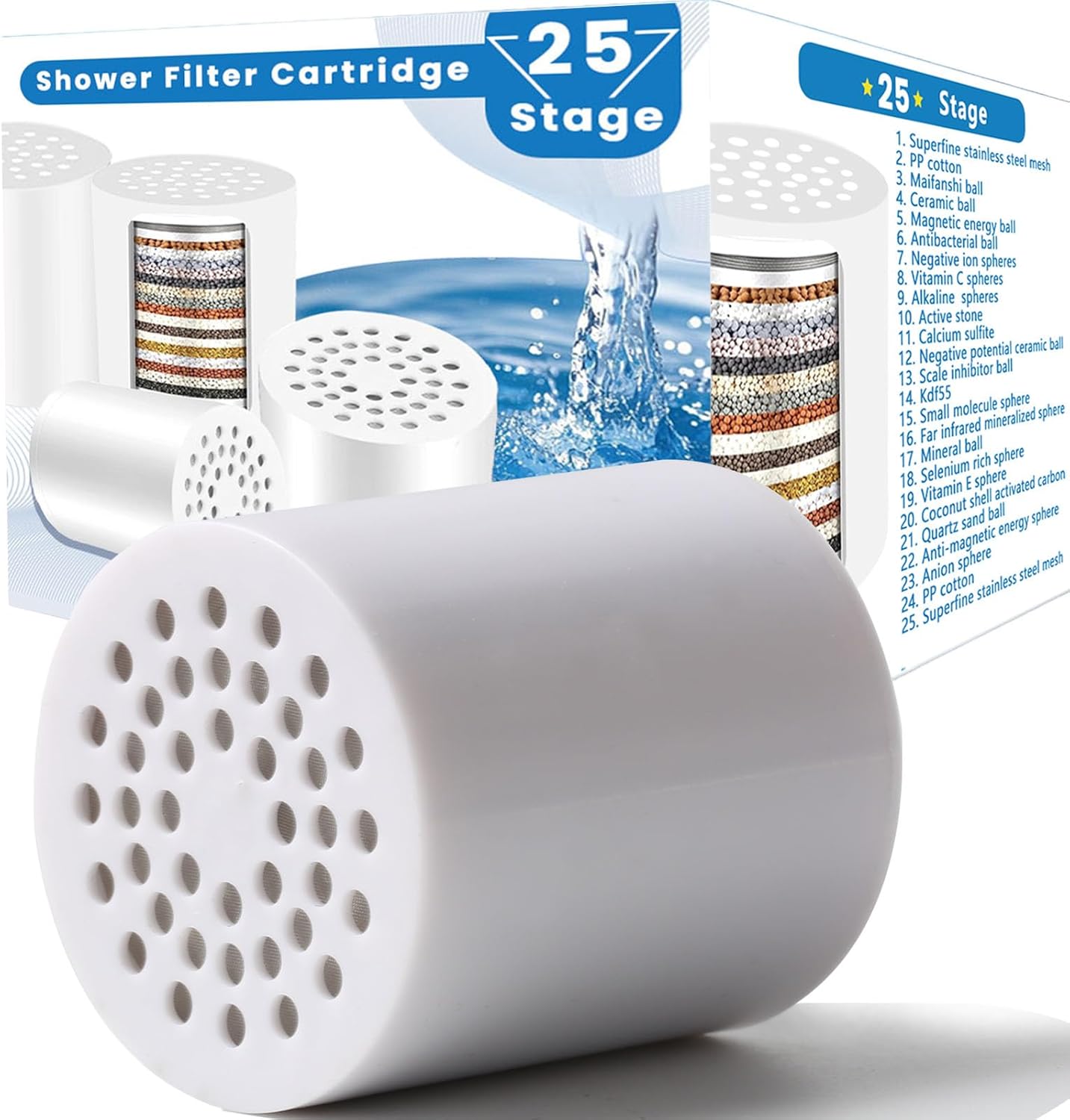 2 Pack 25 Stage Shower Filter Replacement Cartridge, Universal Cartridges for Hard Water – Removes Chlorine, Heavy Metals, Iron & Sediments, Fit Any Similar Design Shower Water Filter