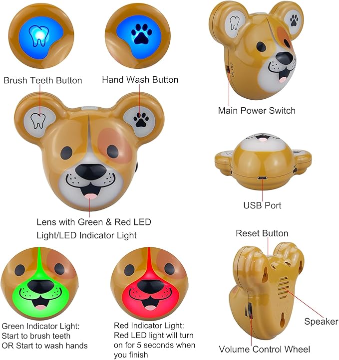 Musical Timer for Kids, Rechargeable Battery 2 Minute Toothbrush Timer and 20 Seconds Bathroom Hand Wash Timers with LED Color Light, 3 Volume Options Musical Timers for Children-Dog