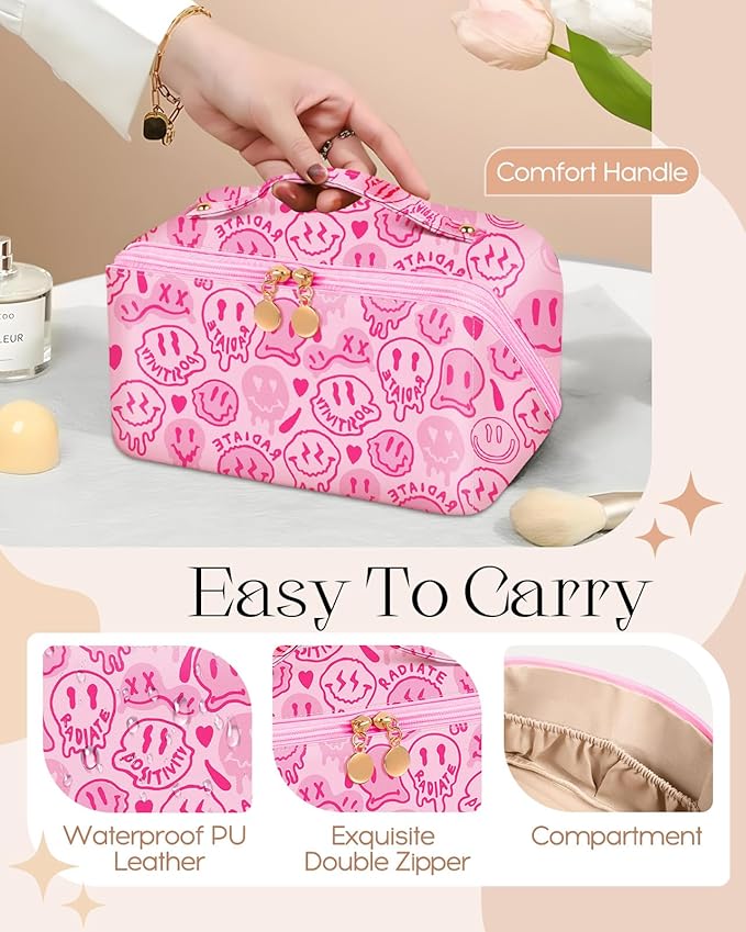 Bistup Makeup Bag Travel Cosmetic Bag Toiletry Make Up Bags Cute Women Large Capacity Big Medium Leather Portable Teen Girls Teenage Kawaii Foldable Expandable Y2K Compact Open Flat Zip