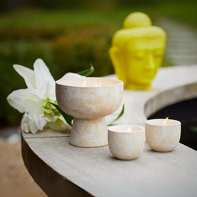 BLUEME Spiritual-Palo Santo & Vetiver, 2 Wick, Refillable Wellness Candle, Contains Essential Oil, Sustainable, Hand Finished, Hand Poured, Premium, Luxury Ceramic, Natural Cotton Wick, Soy-Wax Blend