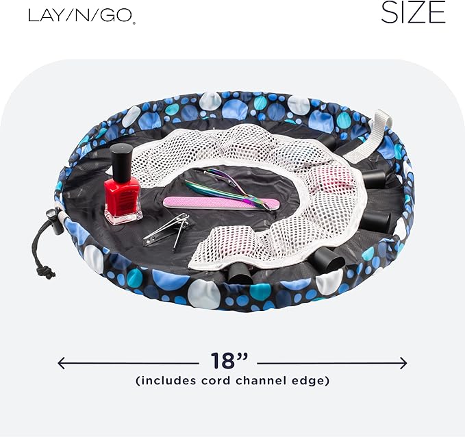Lay-n-Go NailSpa Drawstring Cosmetic Bag - Portable Nail Supplies Organizer Bag w/ 8 Elastic Mesh Pockets & Circular Center - Durable, Machine Washable Nail Kit Organizer (18", Blue Polka Dot)