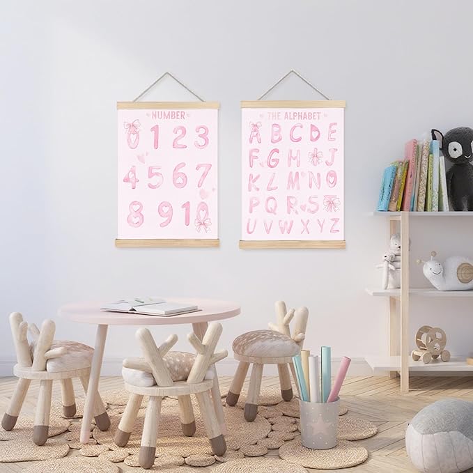 Pink Numbers 0-10 Alphabet Baby Learning Poster Wall Art Decor, Girl Nursery Decor, Coquette Pink Bow Learning Wall Decor Posters for Toddler Baby Girls Kids Room Playroom Homeschool, 12x16 Inch Set of 2