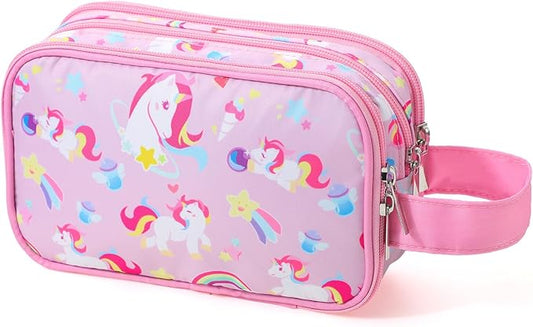 Kids Toiletry Bag for Girls, Travel Toiletry Bag for Little Young Girls Cosmetic Bag Makeup Bag Waterproof Hanging Wash Bag Toddler Toiletries, Unicorn Pink