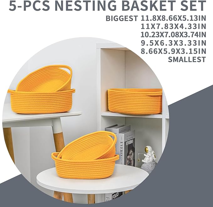 CubesLand Small Cotton Rope Storage Basket Set 5, Shelves Baskets for Organizing with Handle, Decorative Closet Storage Bins for Countertop Toilet Paper Basket for Toilet Tank Top,Yellow Basket
