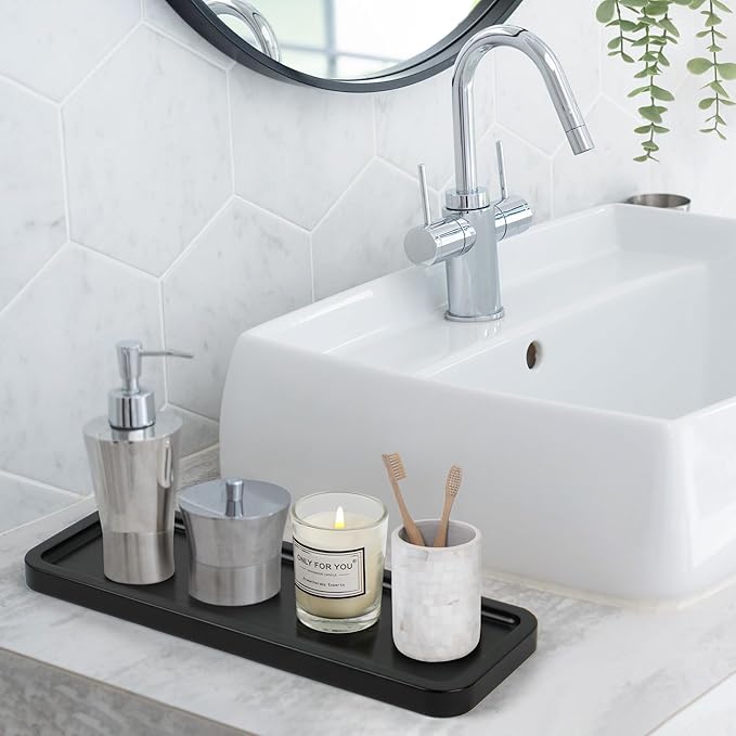 LotFancy Bathroom Decor Box and Vanity Tray, Set of 2, Wooden Toilet Tank Basket Topper, Bathroom Tray for Counter, Black Farmhouse Bathroom Decor