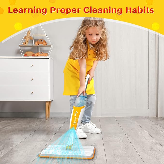 Kids Spray Mop - Toddler Cleaning Set Includes Kids Mop with Real Water Sprayer, Microfiber Pads & Scraper - Pretend Play Montessori Housekeeping Toys Gifts for Toddlers Girls Boys Aged 4+