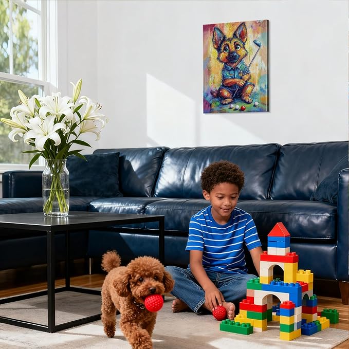 YOUHONG Animal Art Animal Pictures Wall Decor Dog Art with Inner Wooden Frame - Lightweight, Sports Wall Decor for Boys Bedroom & Living Room Decoration Ready to Hang (12x15.7 Inches)