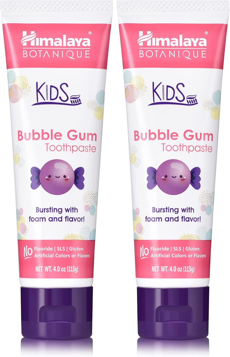 Himalaya Botanique Kids Toothpaste, Herbal, Bubble Gum Flavor, Fights Plaque, Fluoride Free, Gentle, No Artificial Flavors or Colors, SLS Free, Gluten Free, Cruelty Free, Vegan, Foaming, 4 Oz, 2 Pack