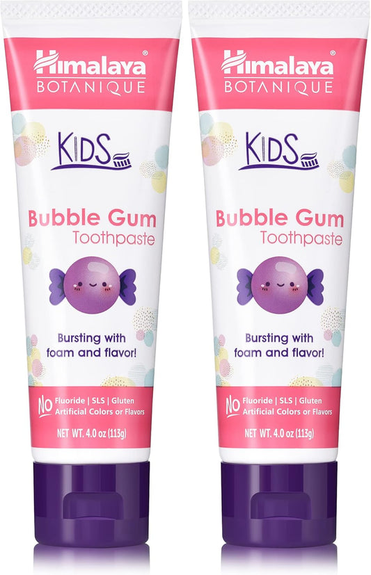 Himalaya Botanique Kids Toothpaste, Herbal, Bubble Gum Flavor, Fights Plaque, Fluoride Free, Gentle, No Artificial Flavors or Colors, SLS Free, Gluten Free, Cruelty Free, Vegan, Foaming, 4 Oz, 2 Pack