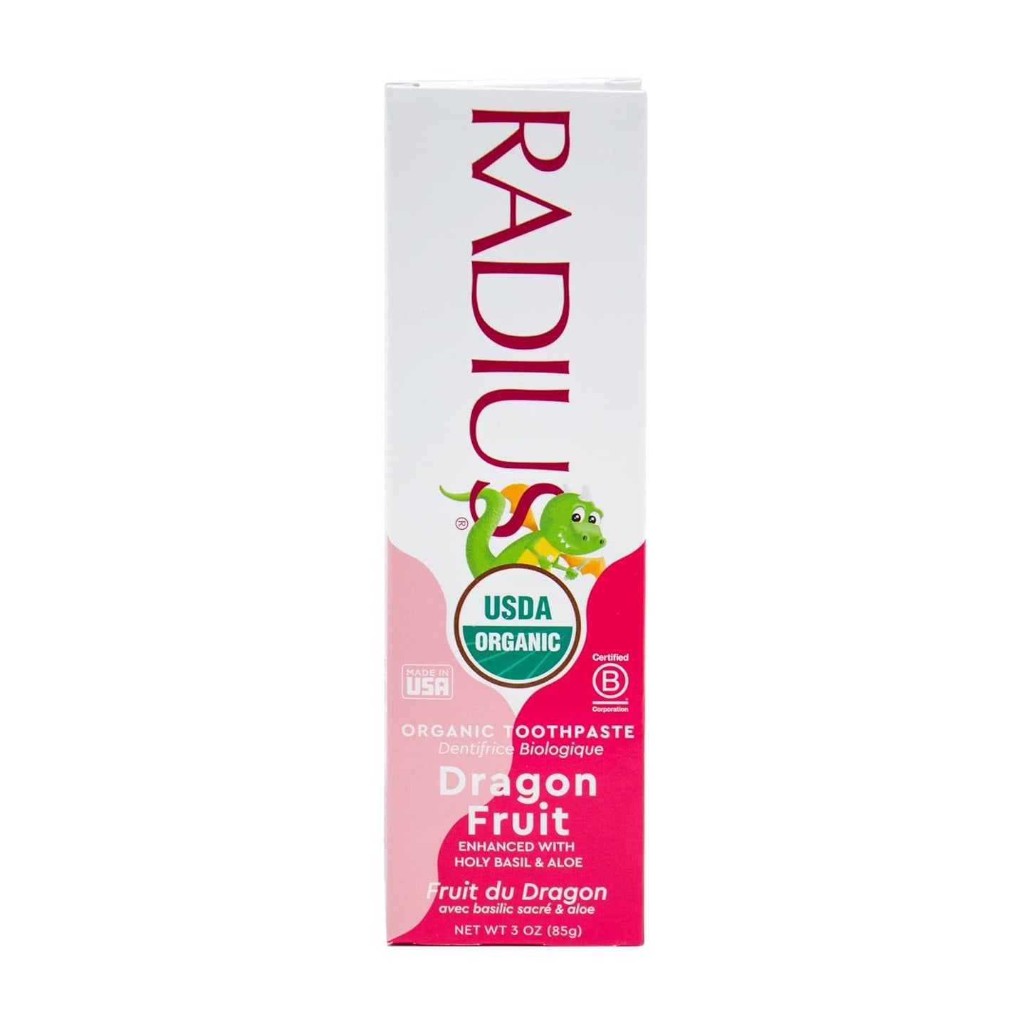 RADIUS USDA Organic Kids Toothpaste 3oz Non Toxic Chemical-Free Gluten-Free Designed to Improve Gum Health for Children's 6 Months and Up - Dragon Fruit - Pack of 1