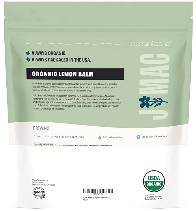J Mac Botanicals Organic Lemon Balm (16 oz), Loose Leaf Tea, Dried Lemon Balm Tea, herbal Infusion, Lemon balm leaves, melissa officinalis tea, Certified USDA Organic
