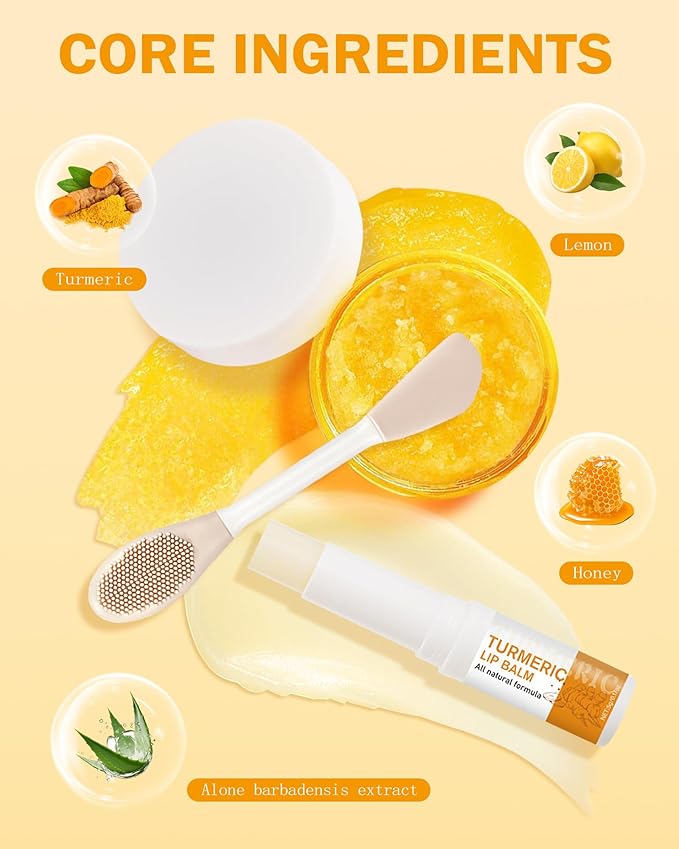 3Pcs Turmeric Lemon Lip Scrub and Turmeric Lip Balm Hydrating & Nourishing Lip Care kit, Exfoliating Lip Scrub with Aloe Vera For Dark Lips,Long-Lasting Natural Balm Moisturizer for Dry, Cracked Lips