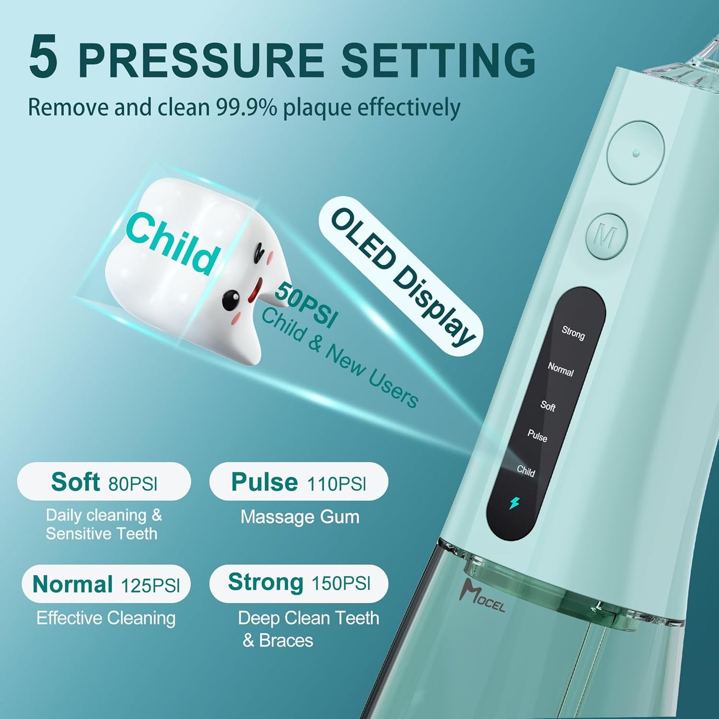 Water Dental Flosser OLED Display Cordless Teeth Cleaning MOCEL 5 Modes Oral Irrigator 300ML Portable and USB C Rechargeable IPX7 Waterproof Floss Teeth Pick (Green)