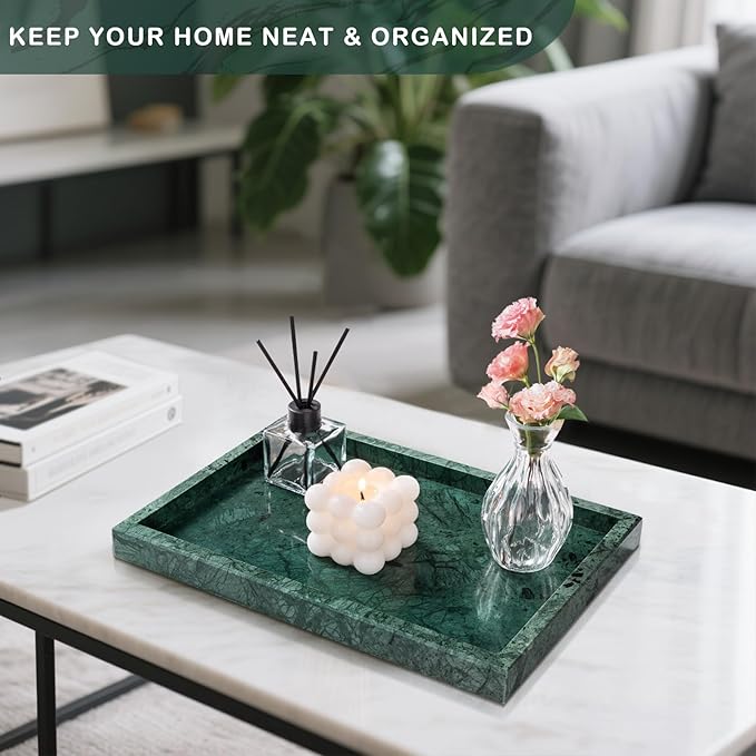 Marble Bathroom Tray for Countertop & Home Decor, Natural Decorative Marble Tray for Jewelry & Perfume Organizer, Luxury Stone Vanity Trays for Dresser, Kitchen Counter, 12" x 8", Green