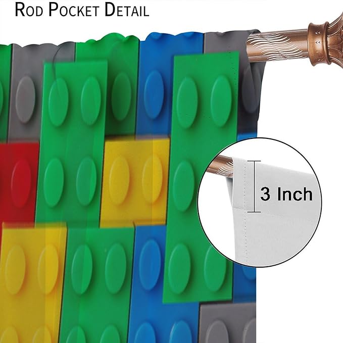 Kids Building Blocks Toy Curtains for Kids Room W84 x L84 Inch Rod Pocket Contour Plastic Colorful Toy Bricks Geometric Print Pattern Curtains for Boys Girls Bedroom 2 Panels