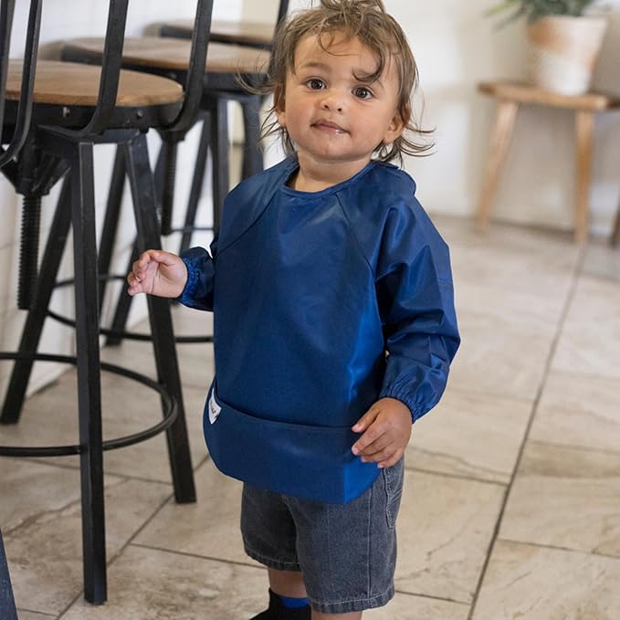 Tiny Twinkle Long Sleeve Bib for Babies & Toddlers – 2 Pack Waterproof Smock Bibs for Eating – Machine Washable & Mess-Proof, Baby Feeding Essential & Shower Must-Have (Grey Indigo,6–24M)