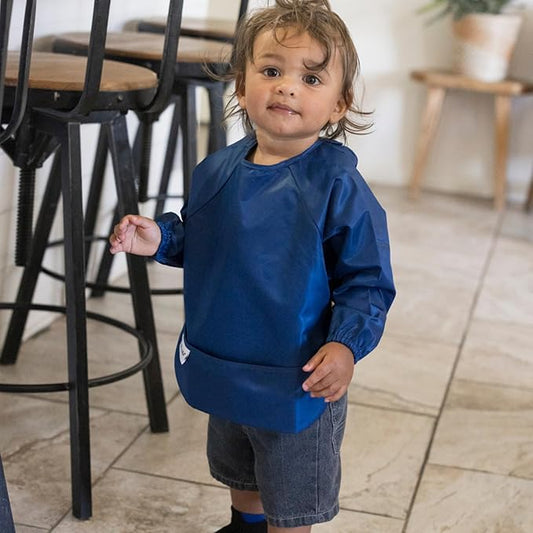 Tiny Twinkle Long Sleeve Bib for Babies & Toddlers – 2 Pack Waterproof Smock Bibs for Eating – Machine Washable & Mess-Proof, Baby Feeding Essential & Shower Must-Have (Grey Indigo,6–24M)