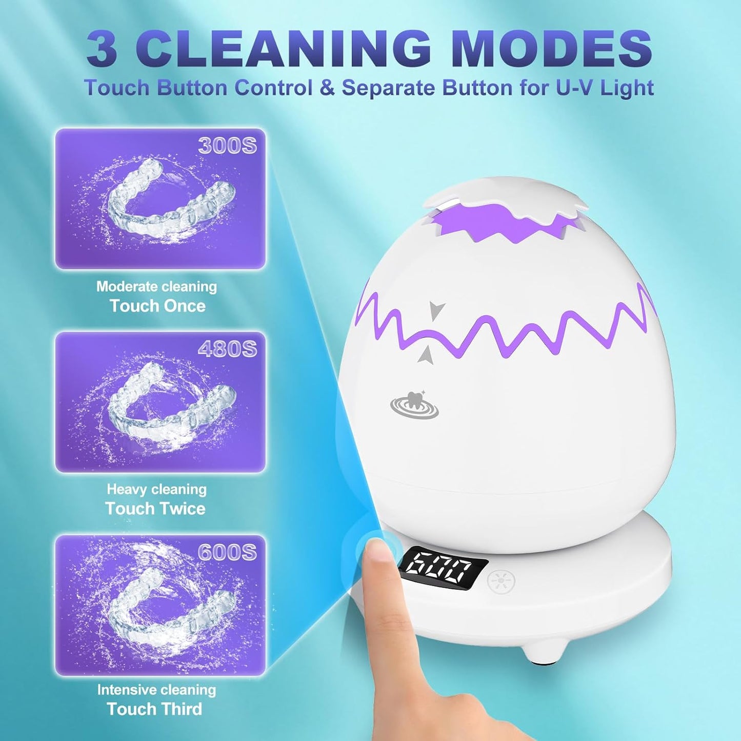 Ultrasonic Retainer Cleaner, 45kHz Denture Cleaner Machine, 4 Cleaning Modes, Removable Base, Dental Cleaning Pod for Mouth Guard/Night Guard/Braces/Aligner/Jewelry