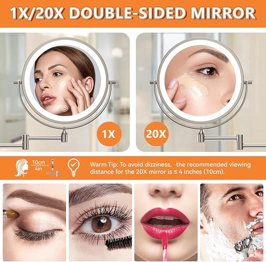 1X/20X Wall Mounted Makeup Mirror with Light, 8" Rechargeable Double-Sided Magnifying Mirror, Vanity Mirror Dimmable 3 Color Light, 360° Extension Rotation Foldable 14.5 Inch Arm, Brushed Nickel