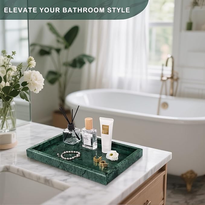 Marble Bathroom Tray for Countertop & Home Decor, Natural Decorative Marble Tray for Jewelry & Perfume Organizer, Luxury Stone Vanity Trays for Dresser, Kitchen Counter, 12" x 8", Green