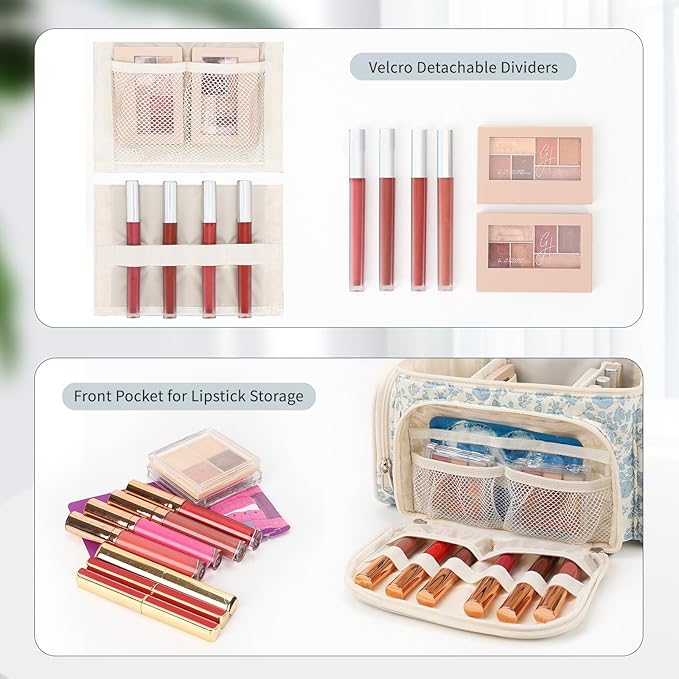 Large Cotton Makeup Bag, Quilted Floral Makeup Bag Organizer for Women Girls with Makeup Brush Compartment & Two Side Pockets, Cosmetic Travel Bag Vertical Storage- Blue Flower