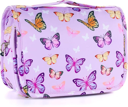 Kids Hanging Toiletry Bag for Girls, Travel Toiletry Bag for Little Young Girls Cosmetic Makeup Waterproof Wash Bag Toddler Traveling Toiletries, Butterfly Purple