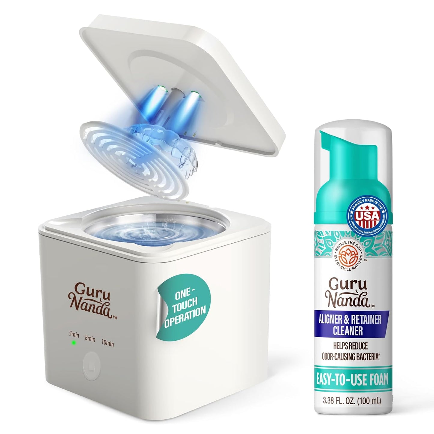 GuruNanda Retainer Cleaner Set – Ultrasonic & UV Cleaning Pod & Aligner Cleaning Foam, Deep Clean & Odor Neutralization for Retainers, Aligners, Dentures & Mouthguards
