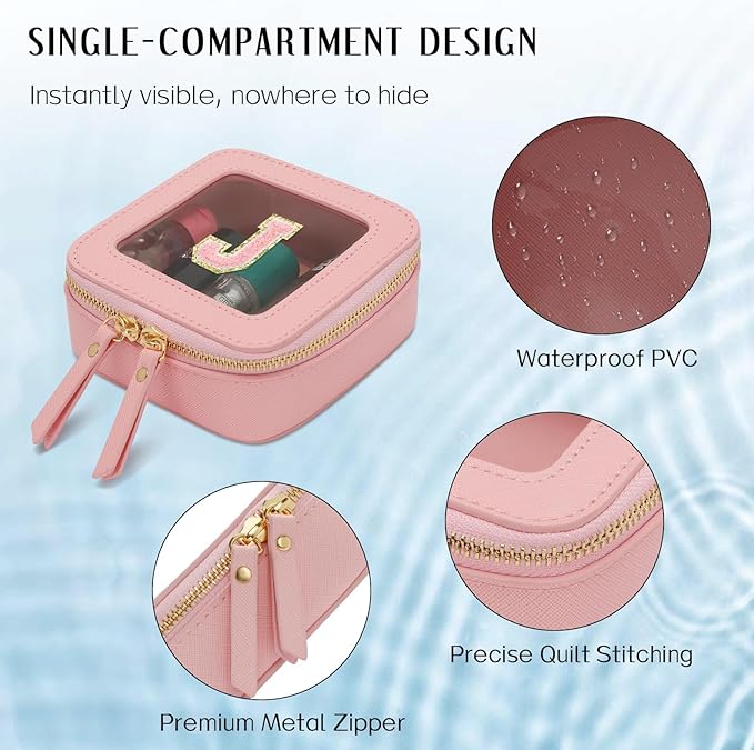 Christmas Gifts for Girls - Initial Clear Toiletry Bag, Small Cosmetic Bags for Girls with Zipper, Potable Mini Makeup Bag for Birthday, Graduation (Pink, J)