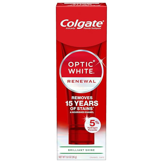Colgate Optic White Renewal Teeth Whitening Toothpaste, Whitening Fluoride Toothpaste, Effectively Removes Tea, Coffee, and Wine Stains, Made with Hydrogen Peroxide, Brilliant Shine, 3.0 oz