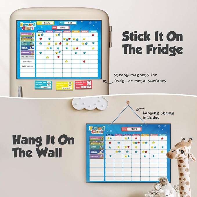 inamio Magnetic Kids Responsibility Reward Chart - Engaging 3D Stars & Chore Tasks - Behavior Chart for Home & School - Ideal for Ages 3-9, Multiple Kids