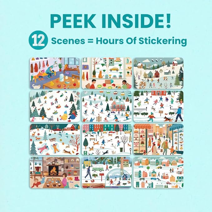 Cupkin Snow Day Sticker Book Activity for Kids, Side by Side Winter Sticker Book, Fun Kid Road Trip Activity, 500+ Kids Stickers + 12 Scenes and Coloring Pages, Crafts for Ages 2-8