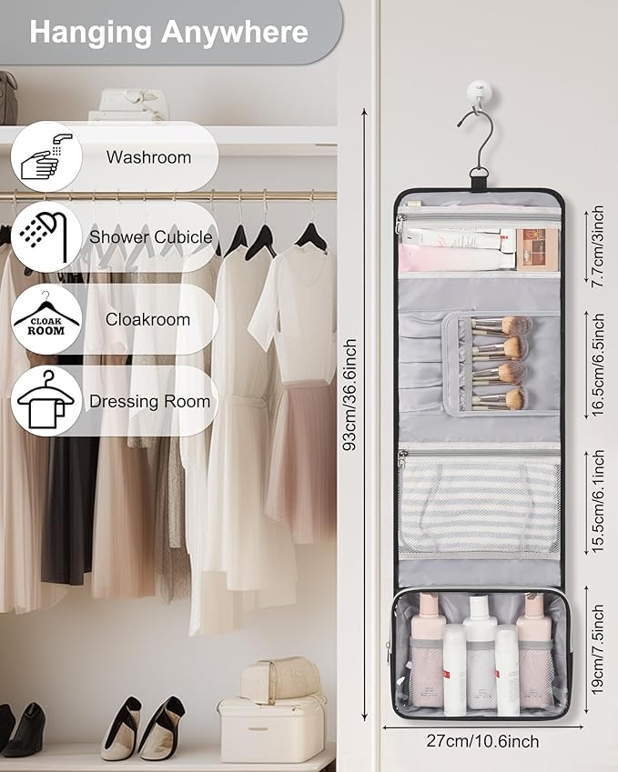 Travel Hanging Toiletry Bag with Makeup Brush Board, Portable Toiletries Bag with Hanging Hook, Water Resistant Wash Bag, Makeup Organizer with Cosmetics for Full Sized Travel Essentials - Black