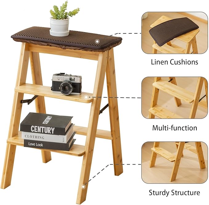 Latifolia Foldable 3 Step Ladder, Bamboo Step Stool with Floor Saver, Decorative Ladder Shelf for Living Room, Kitchen, Garden(Nature)