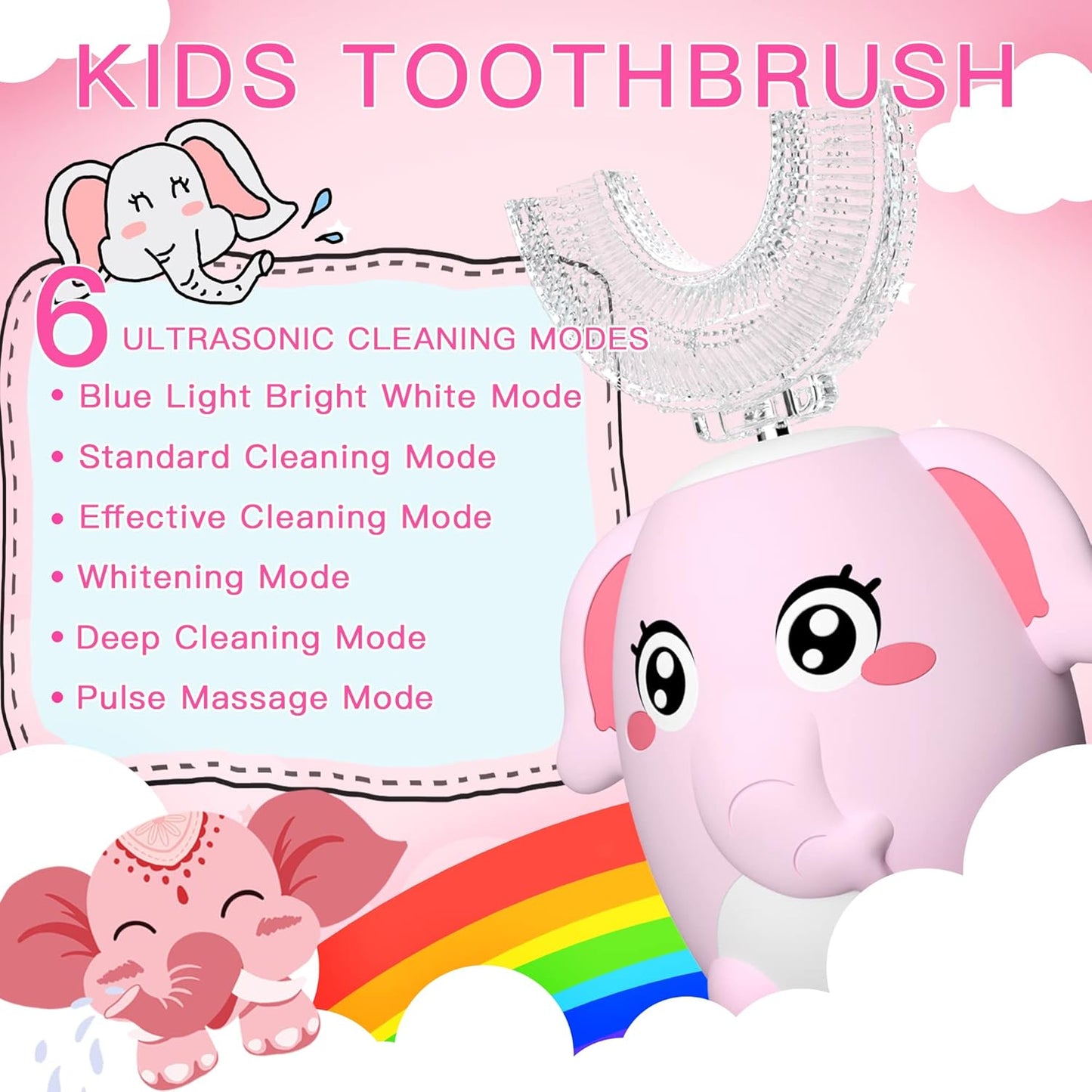 Kids Electric U Shaped Toothbrush Children Rechargeable Sonic Toothbrush with 4 Brush Heads Full Mouth 6 Cleaning Modes - (Age 2-7 Pink)