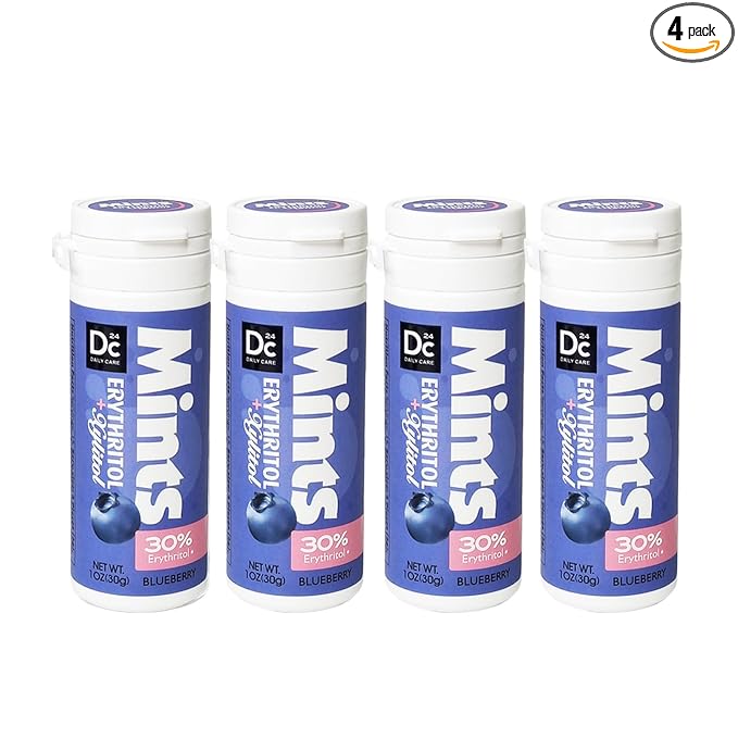 DC24 DAILY CARE Xylitol Erythritol Mints, No Aspartame Sugar Free Hard Candy, Low-Calorie, Dry Mouth Drops Keto Blueberry 30 Pieces (Pack of 4)