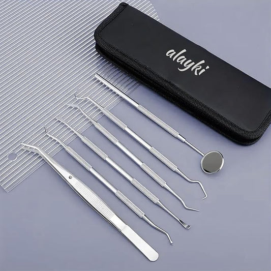 Stainless Steel Dental Kit - 6 Pack Dental Tools with Tooth Mirror, Dental Hygiene Kit for Adults, Kids, Dogs with Mirror, Picks, Travel Case (S)