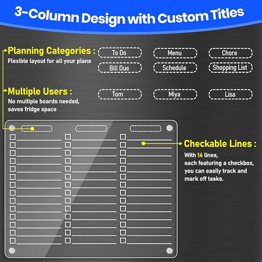 PigPotParty Acrylic Magnetic to Do List White Board for Refrigerator, 12"x9.5" Clear Dry Erase Board, Fridge Grocery List Magnet Checklist Whiteboard for Adult Family Kids, w/ 8 Markers and 1 Towel