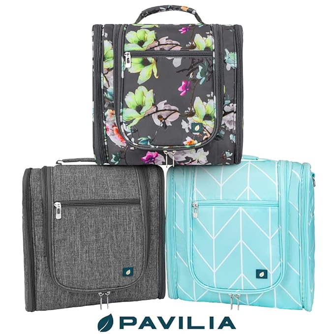 PAVILIA Extra Large Toiletry Bag Travel Bag for Women Men, Hanging Cosmetic Organizer, Water Resistant Makeup Bag for Accessories Toiletries, Travel Essentials Kit (Teal Chevron)